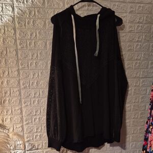 Black Hooded Sweatshirt hoodie with Mesh lace Sleeves and v inset